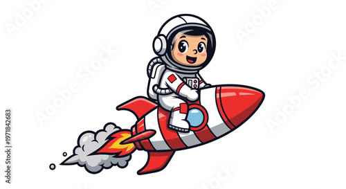 Astronaut child riding a rocket ship against white background vector illustration