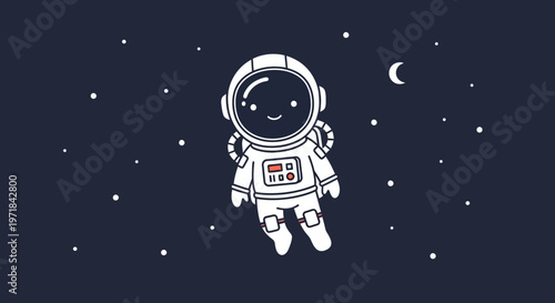 Astronaut floating in space cartoon illustration against dark blue background