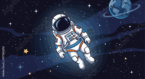 Astronaut floating in space cartoon illustration against starry background