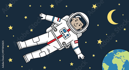 Astronaut floating in space cartoon illustration against starry background