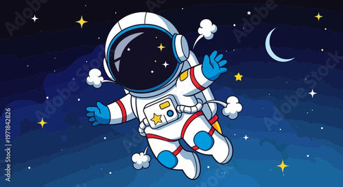 Astronaut floating in space cartoon illustration against starry sky
