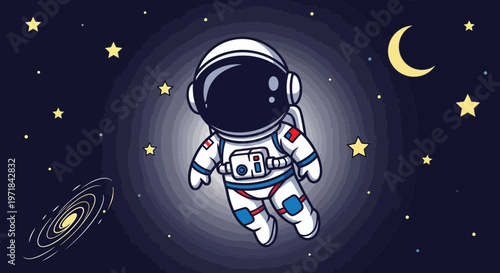 Astronaut floating in space cartoon illustration against starry night sky