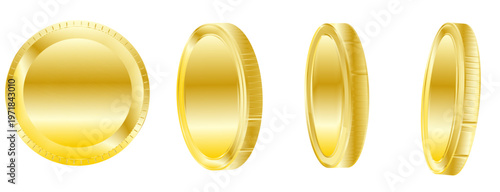 複数アングルで配置されたリアルな金貨コインの3Dレンダリングと金融イメージに最適な高品質イラスト素材