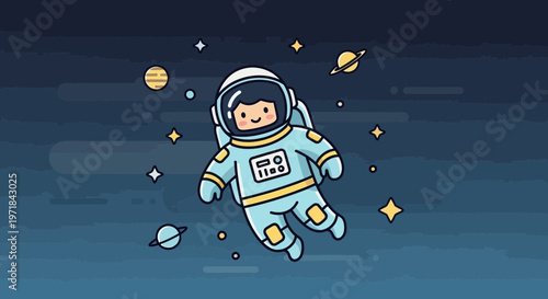 Astronaut floating in space cartoon illustration with planets and stars