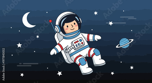 Astronaut floating in space cartoon illustration with planets and stars