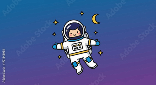 Astronaut floating in space cartoon illustration with stars and crescent moon