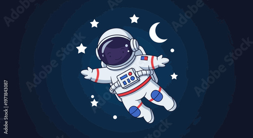 Astronaut floating in space cartoon illustration with stars and moon