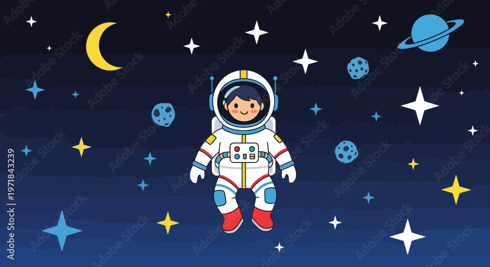 Fototapeta premium Astronaut floating in space surrounded by stars and planets illustration