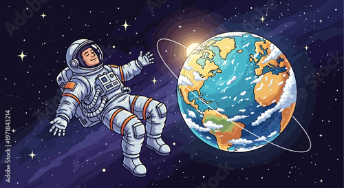 Astronaut floating in space near planet earth illustration