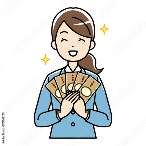 笑顔でお金をもつスーツの若い女性のイラスト