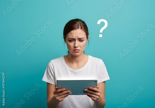 Puzzled Woman with Tablet: A woman is holding a tablet with a question mark above her head, expressing a sense of confusion.