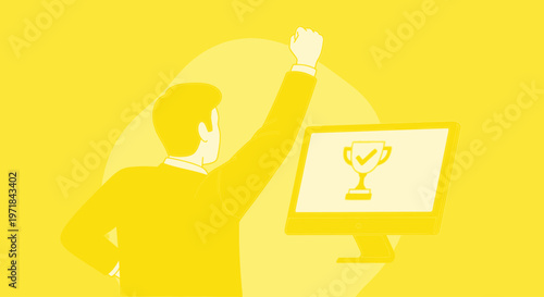 Businessman celebrating online success with trophy on computer monitor