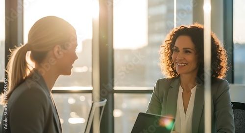 Two professional women in blazers having a business meeting in a sunlit modern glass office during golden hour with warm lens flare and smiles