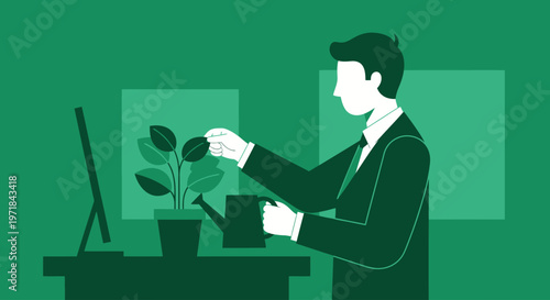 Businessman nurturing a small plant in minimalist office setting