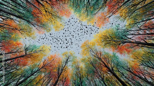 Autumn trees looking up at birds migrating in a clear blue sky