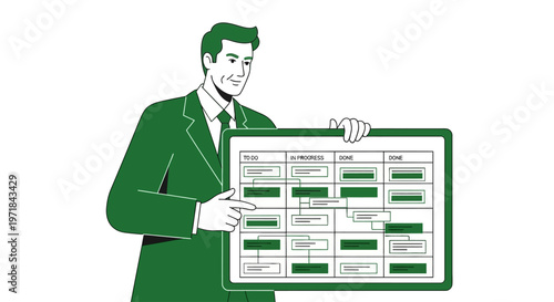 Businessman pointing at Kanban board showing project tasks