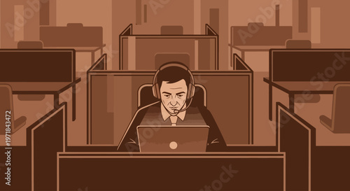 Call center operator with headset working on laptop