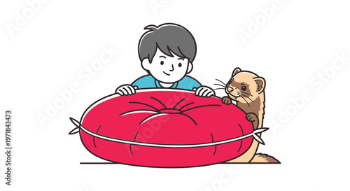 Cartoon boy and pet ferret playing with red cushion
