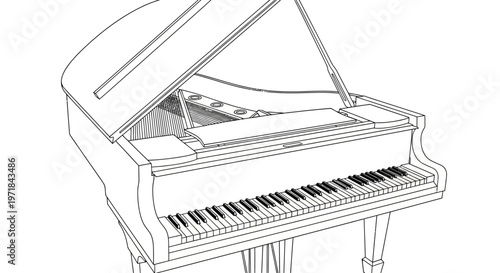 Classic grand piano line drawing with open lid