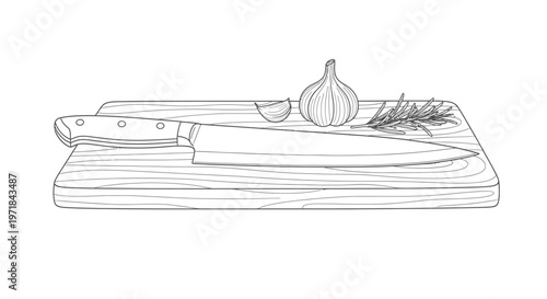 Chef's knife, garlic, rosemary on wooden cutting board illustration