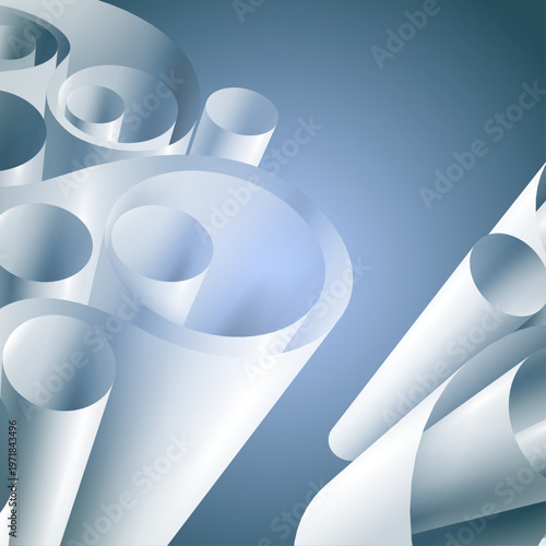 滑らかな曲線と円筒形が重なり合うブルーグラデーションの抽象3D背景、未来的でクリーンなデザイン素材