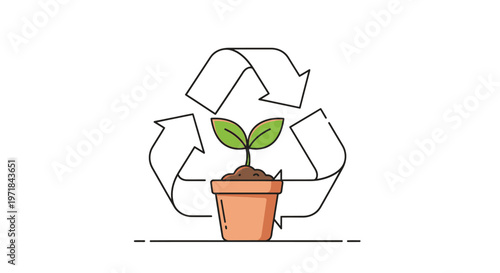 Green plant sprout in pot with recycling symbol outline