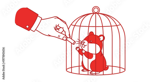 Hand feeding red hamster inside a cage with white background