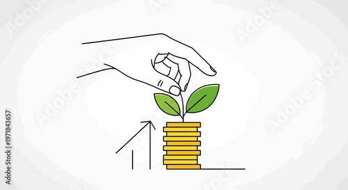 Hand nurturing plant growing from coin stack with arrow