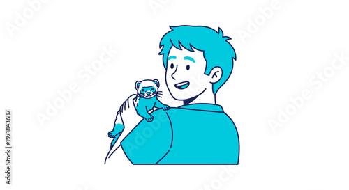 Happy man with pet ferret on his shoulder smiling