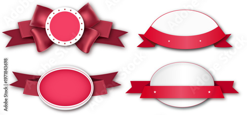 赤いリボンとエンブレムの高級感ある装飾ラベルセット、バッジ風デザインのクラシックなアワードテンプレート素材
