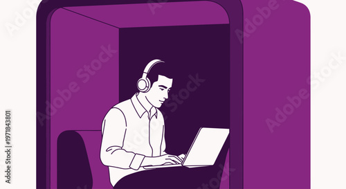 Man with headphones using laptop in purple privacy pod
