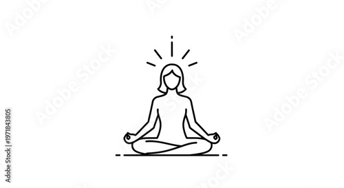 Mindful woman meditating in lotus position flat line icon