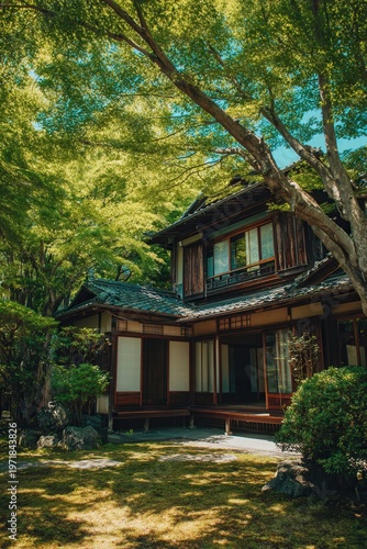 Traditional japanese house and garden with sunlight