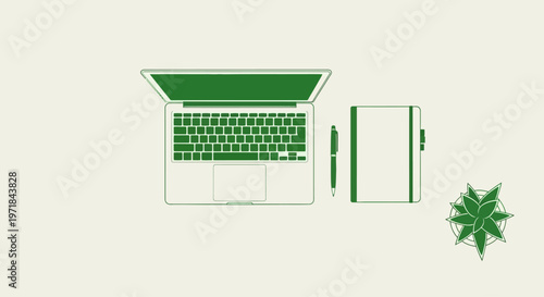 Minimalist green workspace with laptop, notebook, pen, and plant