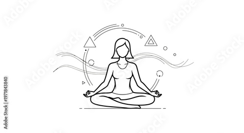 Minimalist line art woman meditating with abstract geometric shapes