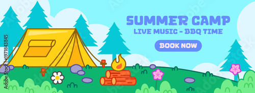 Summer camp banner with tent campfire and forest cartoon illustration