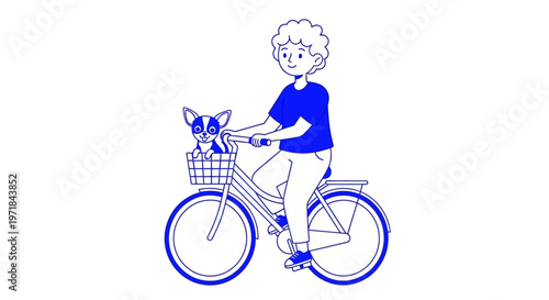 Minimalist person rides bicycle with dog in front basket