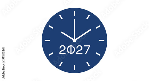 Modern blue clock with white hands.