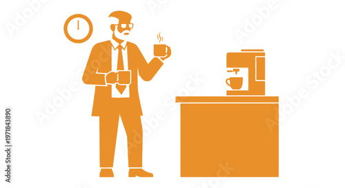 Orange silhouette businessman drinking coffee at office break