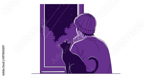 Person and cat looking out window at starry night