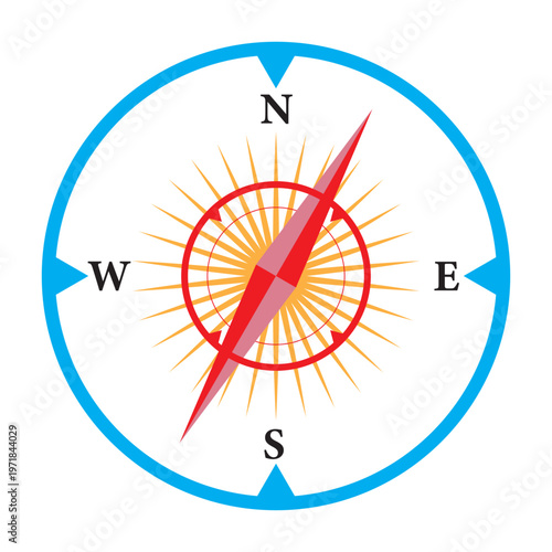 Compass rose navigation symbol with cardinal directions north south east west for map geography guidance design