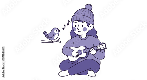 Smiling girl plays ukulele with bird singing on a branch