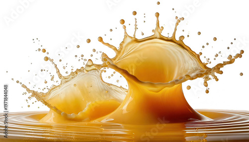 白い背景に孤立した、ミルクティーやキャラメルソースのような茶色の液体が激しく飛び散るダイナミックなスプラッシュのクローズアップ。王冠のような形状のしぶきと波紋が美しく舞う、シズル感あふれる広告向けの高品質なイメージ素材。