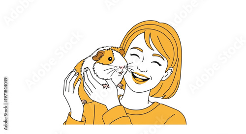 Smiling woman holding cute guinea pig affectionately