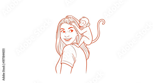 Smiling woman looks back with playful monkey on shoulder