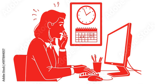 Stressed businesswoman on phone at desk with computer and clock