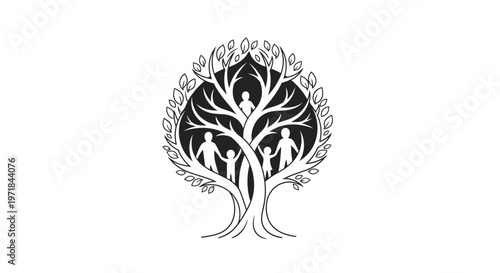 Stylized family tree with people silhouettes and leaves