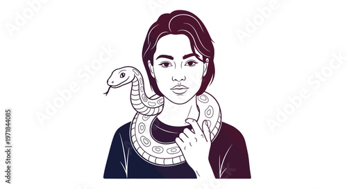 Stylized portrait of woman with snake on shoulders