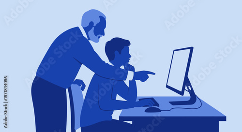 Teacher instructing young man on computer at desk