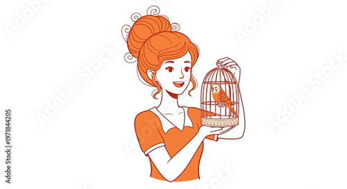 Woman holding small bird in a decorative cage